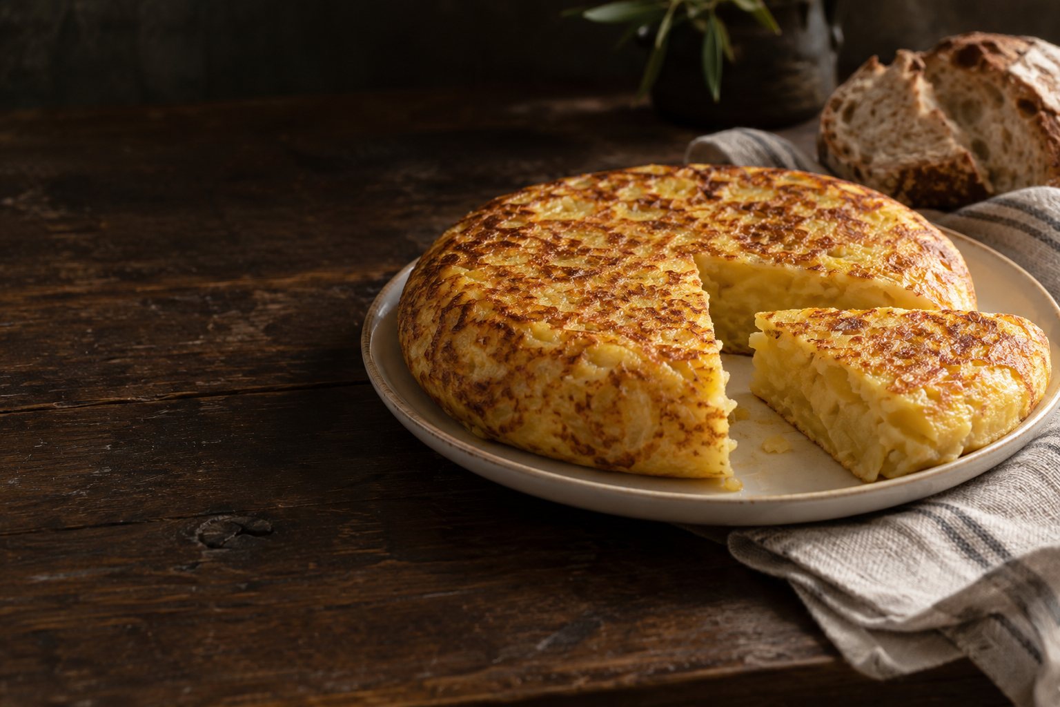 Imagen ilustrativa de una tortilla de patatas sobre una mesa de madera